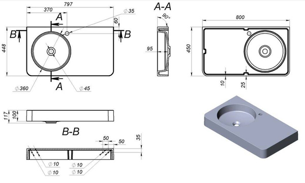 Catido Roundy 800x45 umywalka wisząca nablatowa