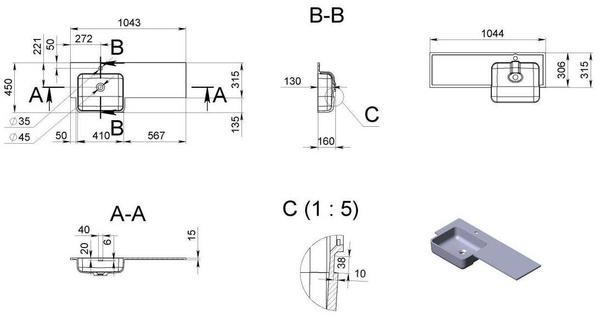 Catido Circle 105x45 Lewa umywalka wpuszczana nablatowa