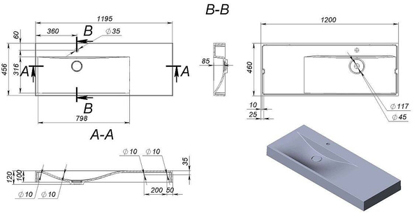 Catido Optimal 120x45 umywalka nablatowa marmur mineralny