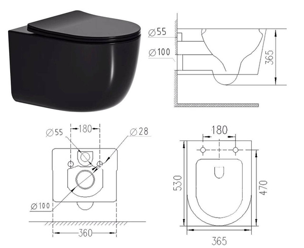 Catido Taifun 530 Slim Miska WC wisząca  Rimless Czarny mat