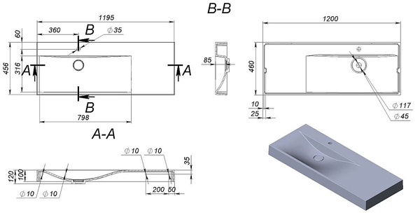 Catido Optimal Left 120x45 umywalka nablatowa naszafkowa marmur mineralny